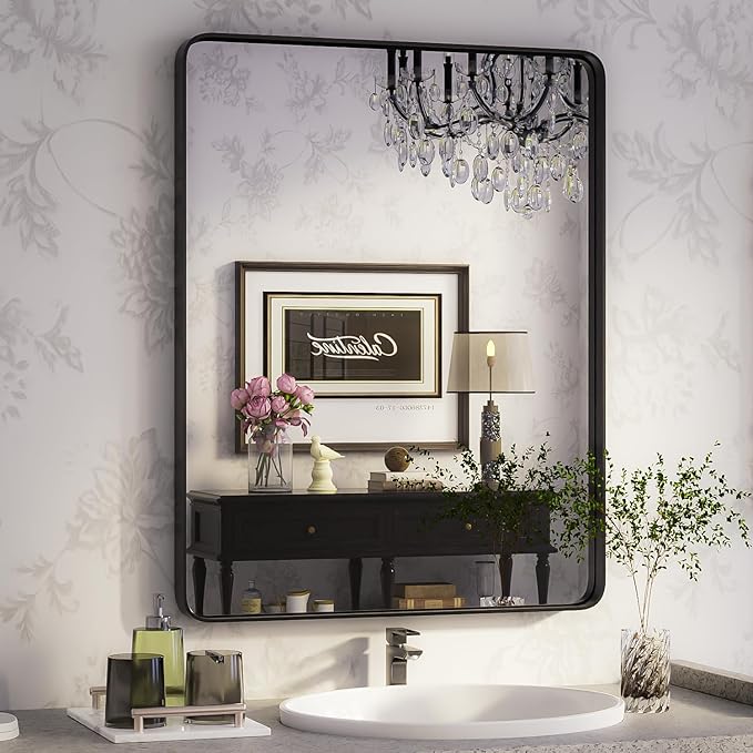 ISKM Black Framed Mirror for Bathroom 24" x 36" Decorative Rectangular Wall Mounted Mirror Best for Washroom, Bedroom, Living Room