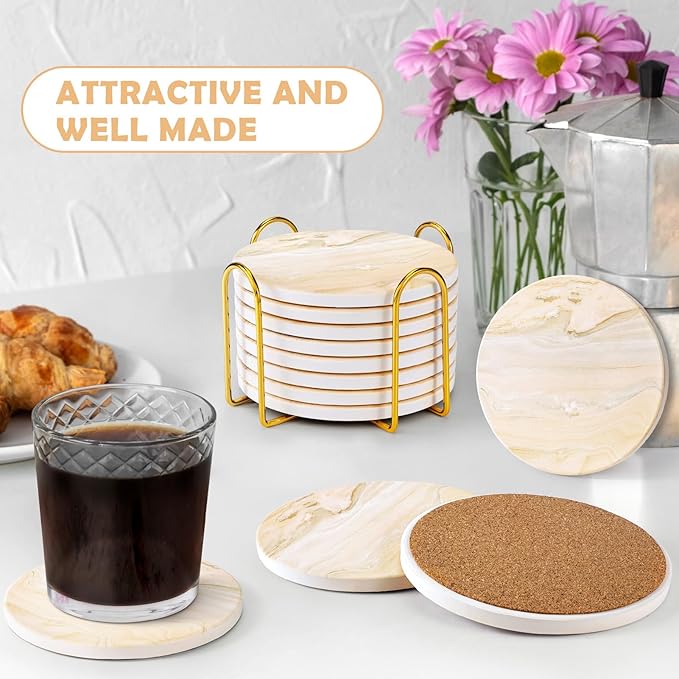 GOH DODD Coasters for Drinks Set of 4, Absorbent Marble Style Ceramic Coaster Cup Coasters Tabletop Protection Home Decor with Metal Holder for Housewarming Gifts Wedding Party, Beige, Round, 4 Inch