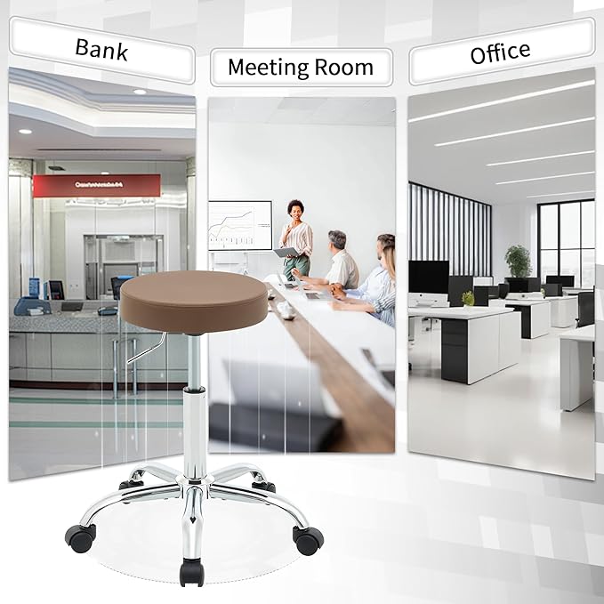 Adjustable Office Stool with Wheels 19.5"-26.6", Brown Thick Cushion Backless Rolling Chair (Coffee Brown)