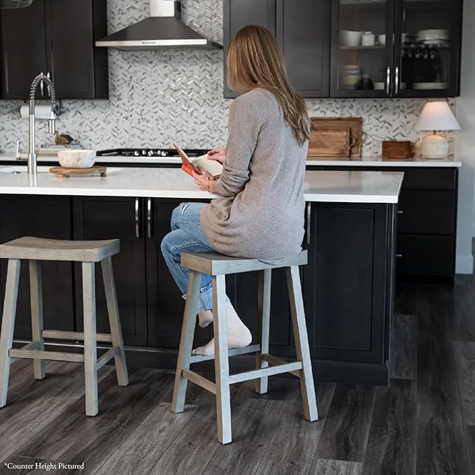 Maven Lane Kitchen Bar Stool, Modern Farmhouse Wood Barstool, Kitchen Island Chairs, Pub Bar Height Stools for Kitchen, Wide Comfortable Seat Backless Bar Stools, Vincent 31 Inch, Antiqued Grey