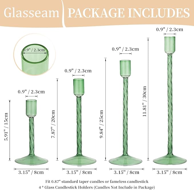 Glasseam Green Glass Candlestick Holder: Tall Candle Stick Holder Set of 4 Candlestick Holders for Taper Candles Modern Decorative Candle Holders for Table Centerpiece Wedding Christmas Home Decor