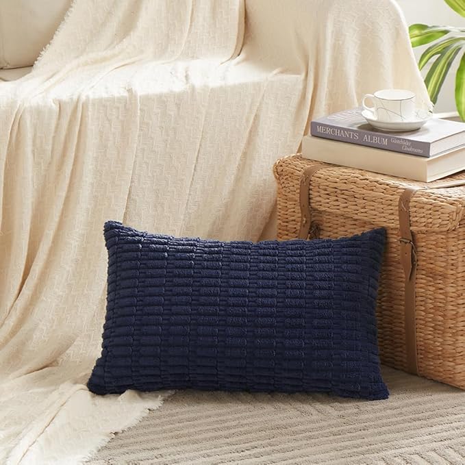 Fancy Homi 2 Packs Navy Blue Decorative Throw Pillow Covers 14x24 Inch for Living Room Couch Bed Sofa, Soft Corduroy Square Cushion Case 35x60 cm, Rustic Modern Farmhouse Boho Home Decor