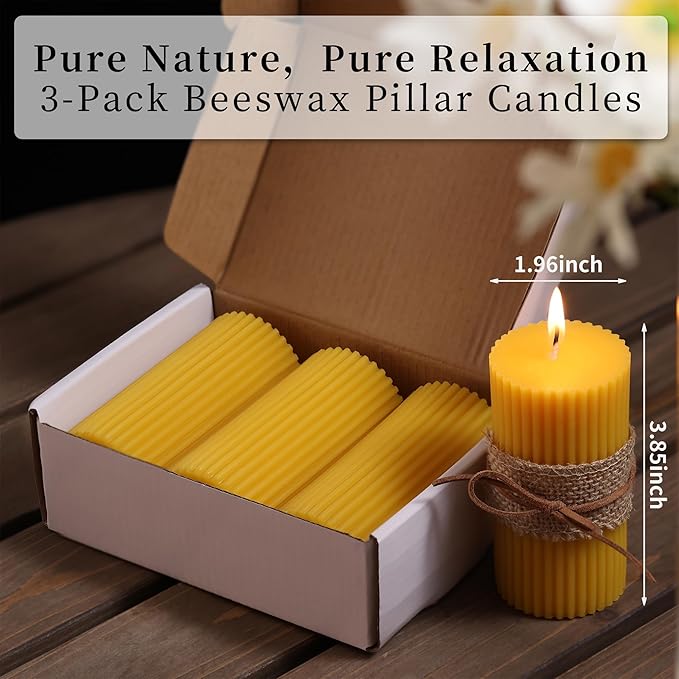 3 Pack Pure Beeswax Pillar Candles Bulk, Organic Ribbed Bees Wax Decorative Candles for Home Decor-1.96x3.85 Inch, Unscented Long Burning Natural Bees Wax Pillar Bulk Aesthetic Candles-105 Hours