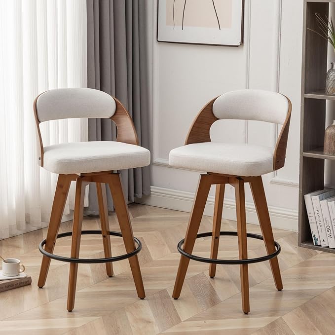 Barstools Set of 2,Bar Height Bar Stools for Kitchen Island,30.3 Inch Modern Upholstered Bar Chair, Swivel Bar Stools with Back and Wood Legs (Beige-Fabric)