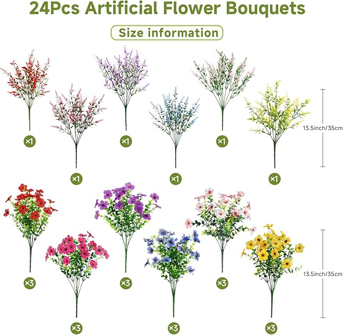 SHareconn 24 Bundles Artificial Flowers for Outdoors, Faux Plants Fake Silk Colorful Daisy Eucalyptus Lavender, UV Resistant for Outside Home Porch Patio Spring Decor, RedRosyPurpleBlueYellowPink