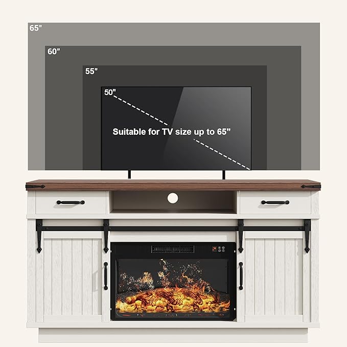 59'' Fireplace TV Stand with 3D Flame Electric Fireplace Heater, 34'' Tall Farmhouse TV Stand for 65 Inch TV, Entertainment Center TV Console with 2 Drawers, Sliding Barn Door for Living Room - White