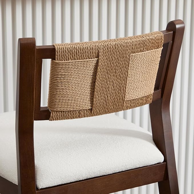 CIMOTA Rattan Counter Height Bar Stools Set of 2, 26" Boho Barstools with Woven Backs, Mid Century Walnut Wood Bar Stool Chairs Sherpa Upholstered Counter Stools for Kitchen Island/Counter/Bar,White