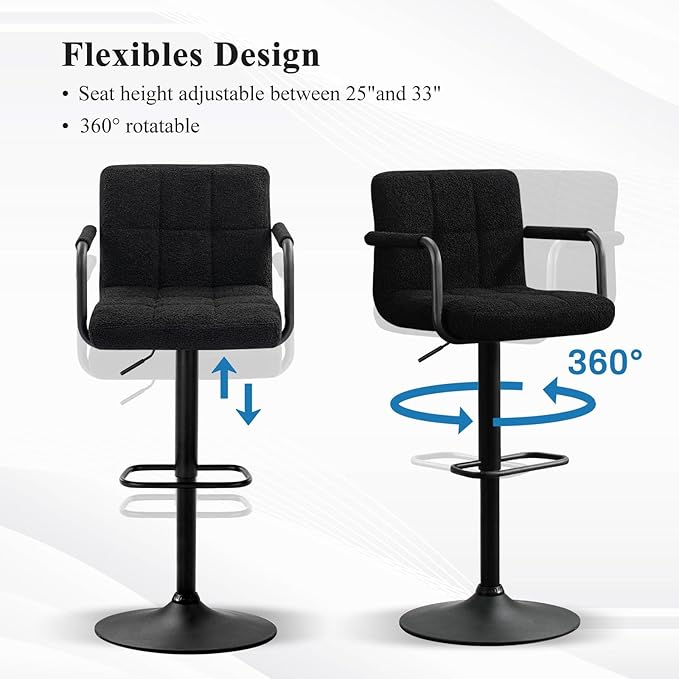Furniliving Swivel Bar Stools Set of 4, Adjustable Kitchen Counter Height BarStools with Arms, Sherp Upholstered Bar Chair with Back and Footrest for Dining Room, Kitchen, Pub, Bar (Black)
