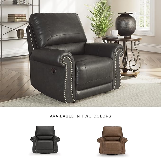 Signature Design by Ashley Chatterton Classic Faux Leather Manual Rocker Swivel Glider Recliner with Nailhead Trim, Black