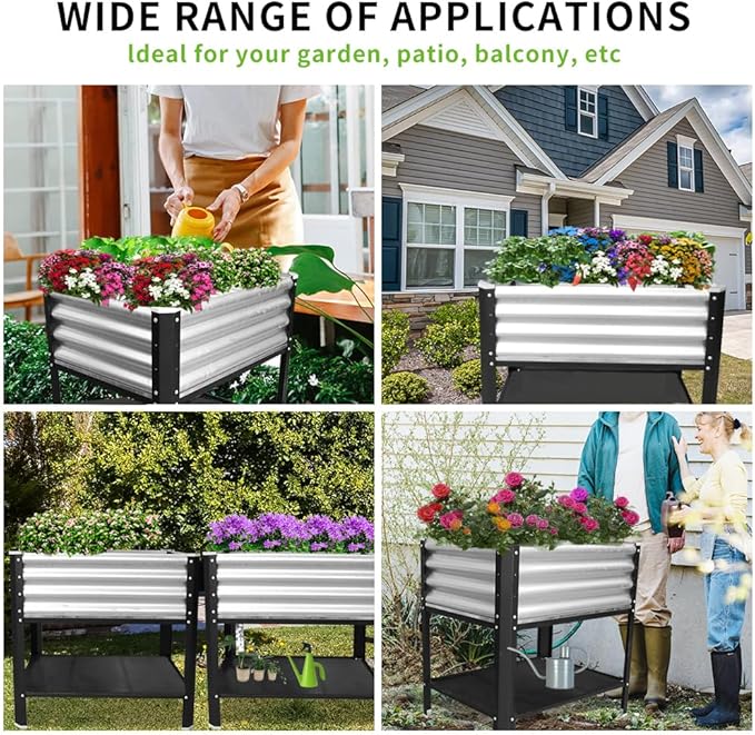 Elevated Metal Raised Garden Bed, Large Outdoor Metal Planter Box Big Flower Plant Pot for Planting Flowers Vegetables and Herbs (Silver, Small)