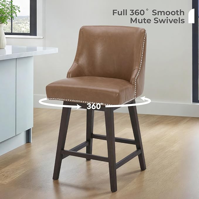 CHITA Counter Height Swivel Bar Stools Set of 2, FSC Certified Upholstered Counter Stools, Modern Swivel Barstools with Wood Legs for Kitchen Island, 26" Seat Height, Faux Leather in Saddle Brown