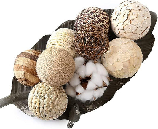 Assorted Decorative Spherical 9pcs Brown White Orbs Natural Twig Rattan Woven Cotton Balls for Vase Bowl Filler Tabletop Decor