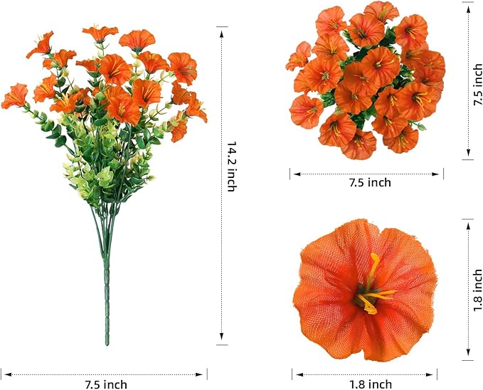 Fake Fall Flowers Artificial Flowers Plants for Outdoors Autumn Decoration, 12 Bundles Orange Silk Morning Glory with Eucalyptus Realistic UV Resistant Faux Flower Greenery for Outside Yard Garden
