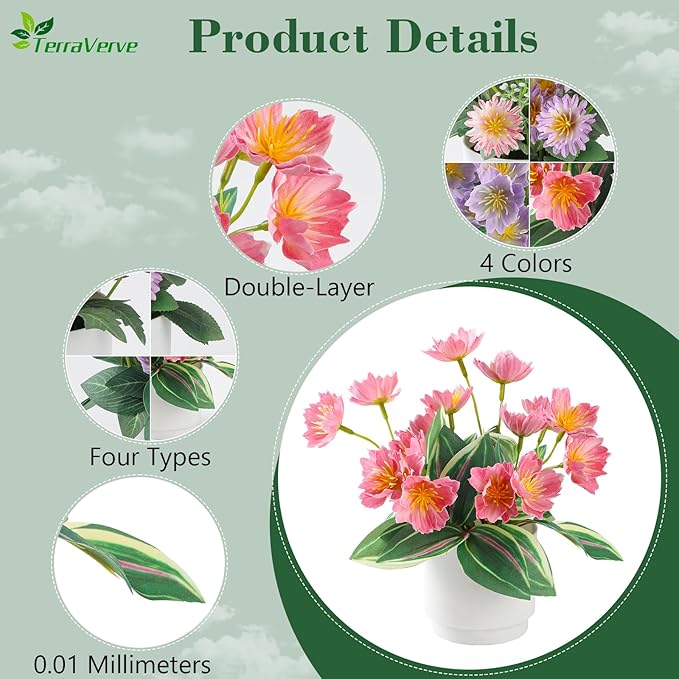 4-Piece Silk Fake Flowers Set | Artificial Plants Indoor for Living Room, Bedroom, Bathroom & Office Decor | Low Maintenance Fake Plants | Boho Style Plants Decor, Home & Bedroom Décor