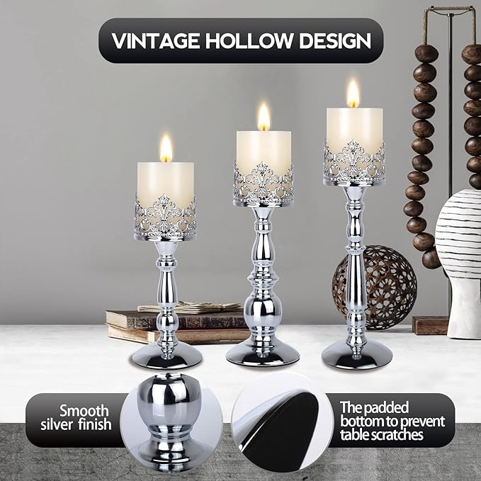 Candle Holders for Pillar Candles Set of 3 Silver Vintage Tall Candle Holders Decorative Large Table Centerpieces Candle Stand Decor