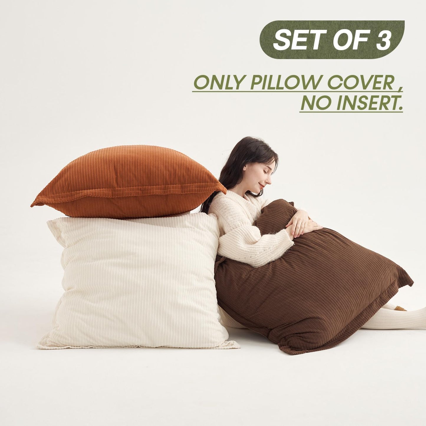 Set of 3 Super Soft Vintage Oversized Pillow Covers 28x28inch, Striped Corduroy Decorative Cushion, Home Decor for Expansive Living Rooms & Bedrooms (Earthy Brown, Rust & Cream