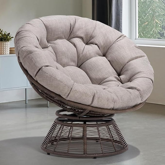 Bme 40" Ergonomic Wicker Papasan Chair with Soft Thick Density Fabric Cushion, Bee-Designed Base, High Capacity Steel Frame, 360 Degree Swivel for Living, Bedroom, Reading Room,...