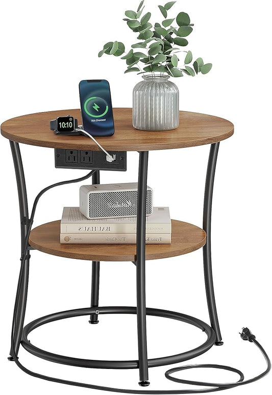 VASAGLE Side Table, 2-Tier Round End Table with Power Outlets, Nightstand with Steel Frame for Small Spaces, Living Room, Bedroom, Honey Brown and Ink Black ULET077K02