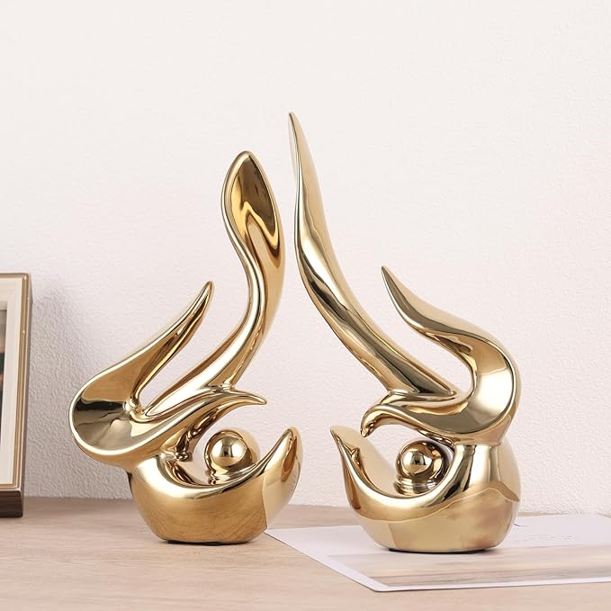 Gold decorative accents, ceramic abstract sculptures and statues, modern art mid century decorative coffee table living room dining room table bedroom office home shelves fireplace countertop decor.