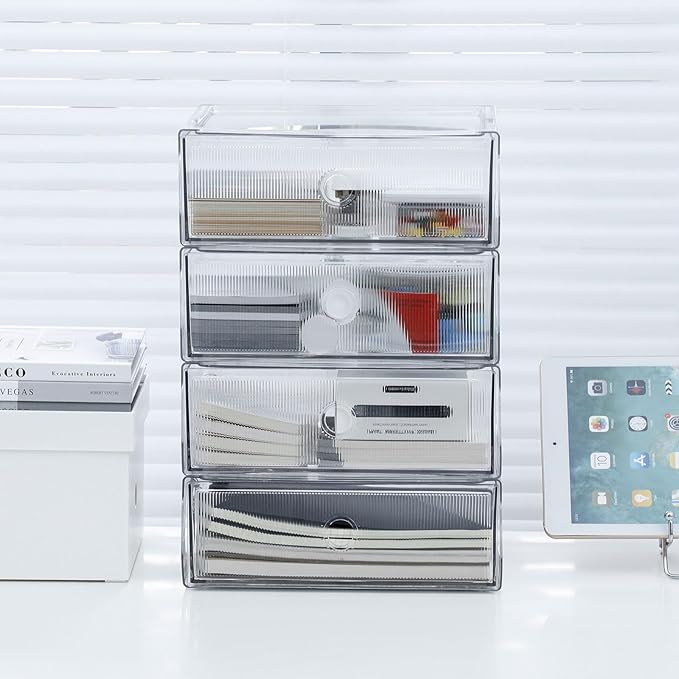 Clear Drawer Organizers for Office, Plastic Storage Box for Art Supplies, Marker Pen, School Stationery, Colored Pencils, Kitchen Accessories, Stackable Bathroom Makeup Container, 4 Drawers
