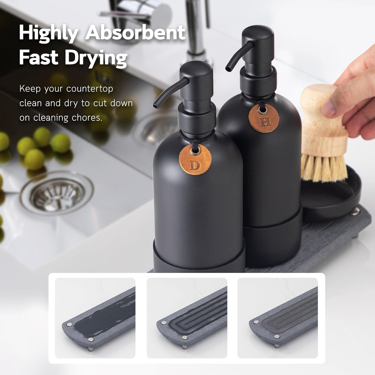 [Luxurious] Hand and Dish Soap Dispenser Set, Kitchen Soap Dispenser Set with Handmade Leather Tag, Instant Dry Tray, Stainless Steel Pump, Non-Slip Pad, Add Elegant Touch to Your Kitchen Sink