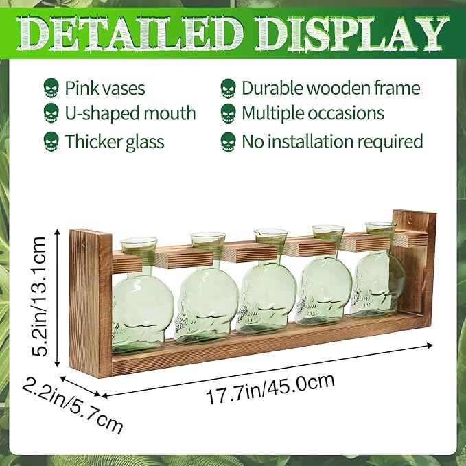 Plant Terrarium Propagation Stations Halloween Skull Planter Vase Skulls Decor with Wooden Stand Gife for Father - 5 Vases