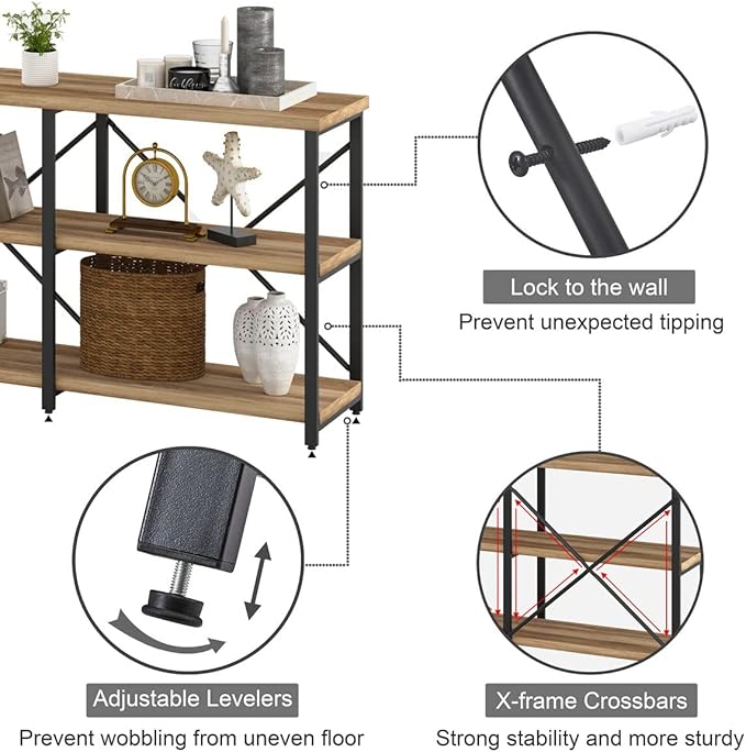 BON AUGURE Console Tables for Entryway, Industrial Sofa Table Behind Couch, 3 Tier Hallway Table for Foyer, Horizontal Bookshelf for Living Room (55 Inch, Vintage Oak)