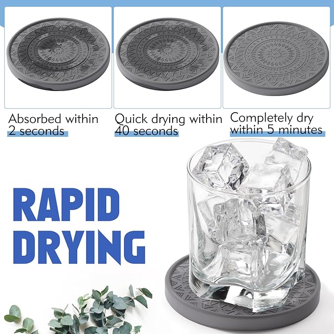 Photect Diatomaceous Earth Coasters Set with Holder Absorbent Stone Drink Coasters Instant Drying Tray for Tabletop Protection Home Decoration Housewarming Gift(Black,6 Pcs)