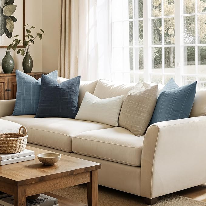 MIULEE Decorative Linen Check Euro Shams Throw Pillow Covers Neutral Farmhouse Vintage Pillow Covers 22x22 Set of 2 Boho Modern Home Decor for Sofa Couch Bedroom Cushion Deep Blue