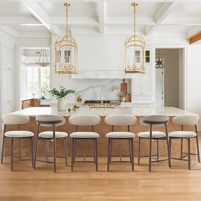Upholstered Counter Height Bar Stools Set of 6, Kitchen Island Stools with Back, Modern Counter Stools Island Bar Chairs with Wood Legs for Kitchen Island Dining Room Bar, Beige