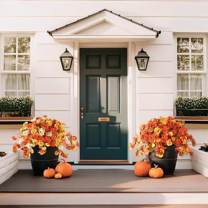 Artificial Fall Flowers for Outdoor Decor 2 Pcs UV Resistant Fake Flowers, Faux Fall Flowers for Outdoor Planters Autumn Silk Flowers for Porch Garden Patio Yard Halloween Decorations