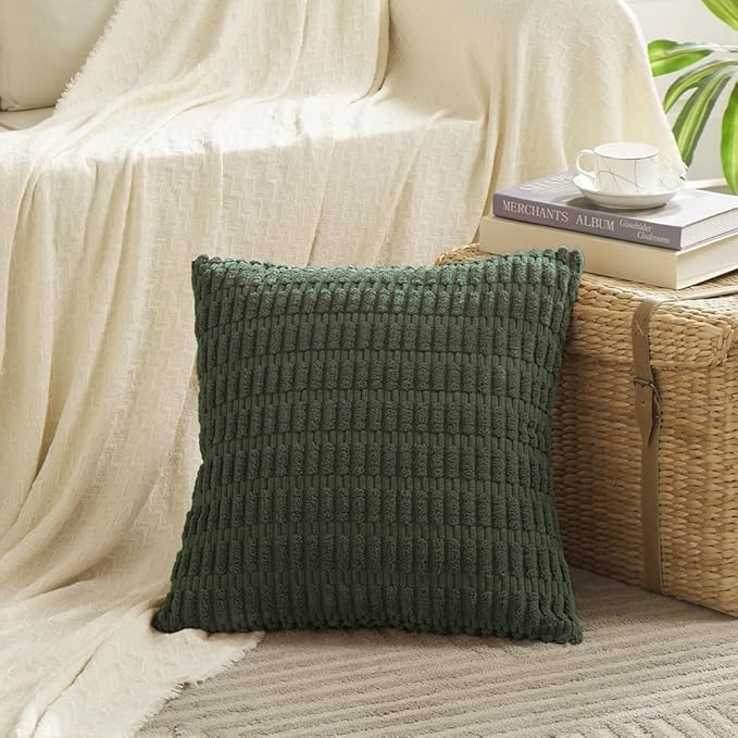 Fancy Homi 2 Packs Boho Olive Green Decorative Throw Pillow Covers 12x12 Inch for Couch Bed Sofa, Rustic Modern Farmhouse Home Decor, Soft Plush Corduroy Cute Square Cushion Case 30x30 cm