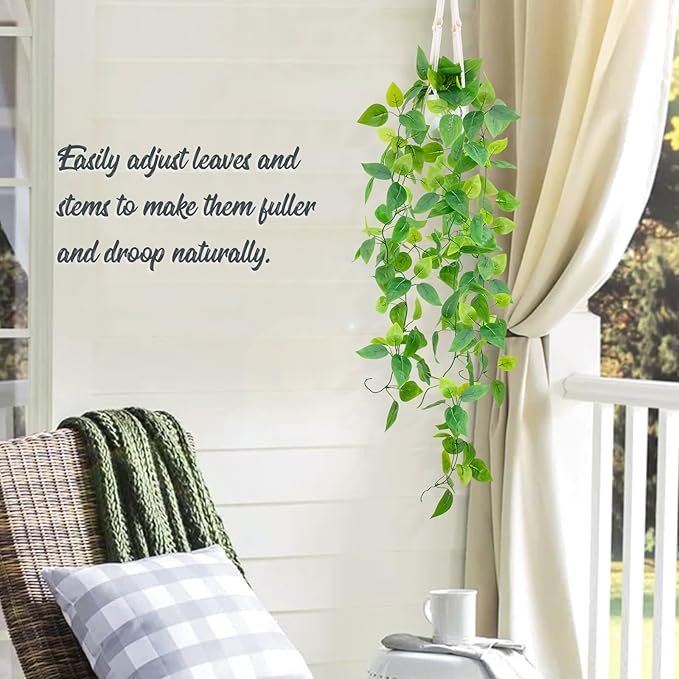 LOYWREE 2 Pack Artificial Hanging Plant Kit with Pot and Hanger - 39" Long Fake Pothos Vines - Hanging Potted Faux Plant Indoor for Wall Ceiling Bedroom Bathroom Living Room Home Decor (White Pot)