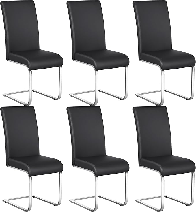 Yaheetech Dining Chairs Set of 6 Modern Faux Leather Upholstered Dining Room Chairs with High Back and Metal Chrome Legs for Kitchen/Living Room/Restaurant, Black