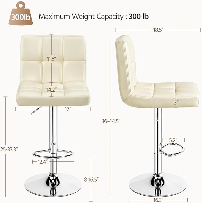 Yaheetech Bar Stools Set of 2, Adjustable PU Leather Swivel Barstools, Modern Counter Height Stools with Back and Footrest for Bar, Kitchen, Dining Room, Beige