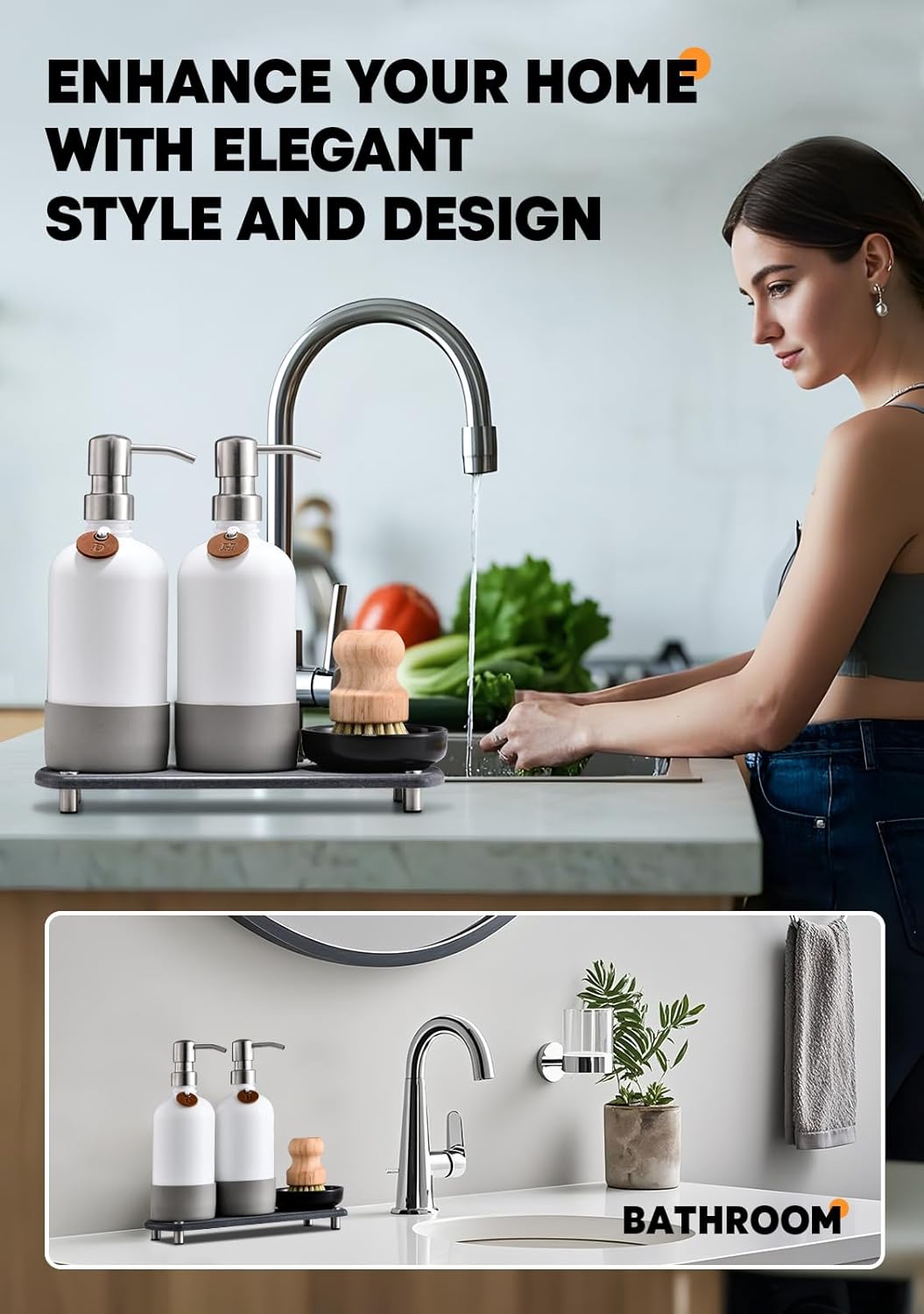 [Luxurious] Hand and Dish Soap Dispenser Set, Kitchen Soap Dispenser Set with Handmade Leather Tag, Instant Dry Tray, Stainless Steel Pump, Non-Slip Pad, Add Elegant Touch to Your Kitchen Sink