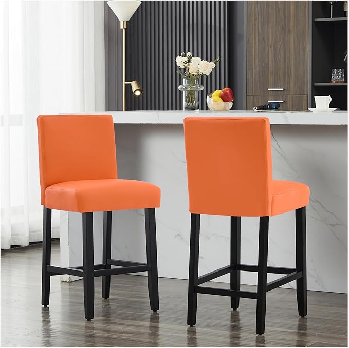 26'' Faux Leather Bar Stools Set of 3, Modern Upholstered Bar Chairs with Back, Soild Wood Legs Barstools for Kitchen Island, Orange