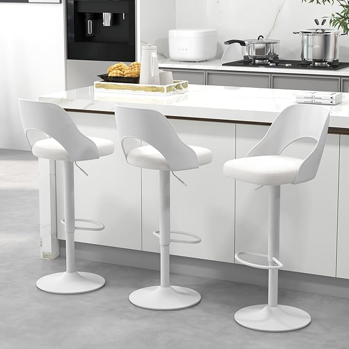 civama Bar Stools Set of 1 for Kitchen Counter, Seat Height Adjustable 25''-33'', Modern Upholstered Swivel Island Chairs with Hollow Backrest Metal Base, White Cotton Linen Fabric with White Base