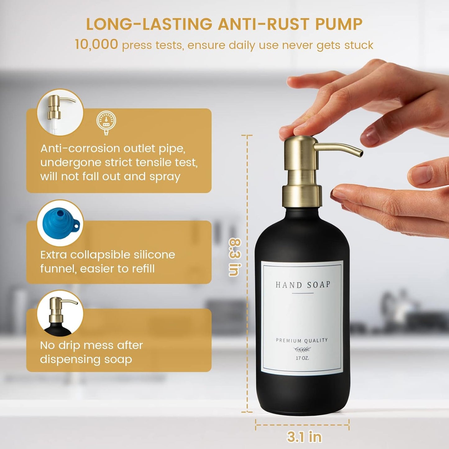 Glass Soap Dispenser for Kitchen Sink,Farmhouse Kitchen Dish Soap Dispenser&Hand Soap Dispenser Set,Rustproof Pump Soap Dispenser Bathroom with Tray,Waterproof Label for Kitchen Decor(Black