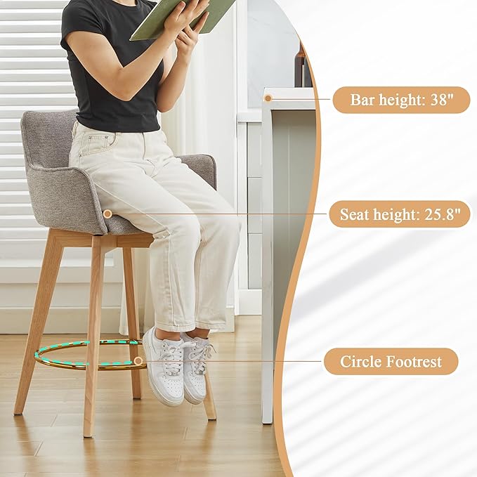 Counter Height Swivel Counter Stools, Linen Upholstered Bar Stools with Back, Arms, Solid Wooden Legs, 26 Inch Chairs for Kitchen Island, Home Pub, Bar, 1 Pcs, Grey