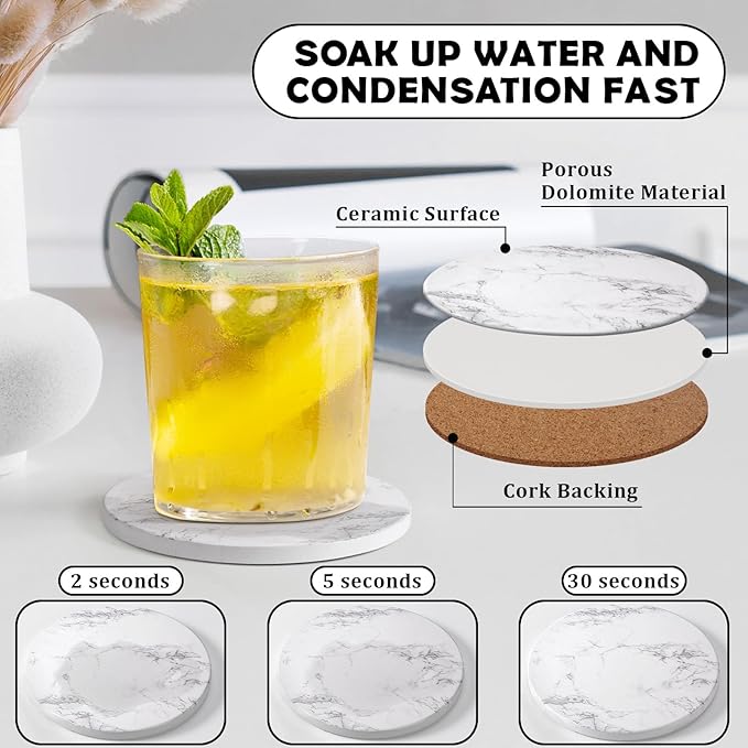 GOH DODD Coasters for Drinks Set of 6, Absorbent Marble Style Ceramic Coaster Tabletop Protection Home Decor with Metal Holder for Coffee Table, Housewarming Gifts Wedding Party, White, Round, 4 Inch