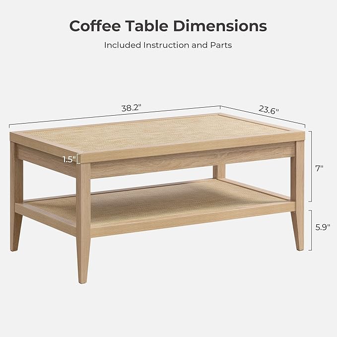 SICOTAS Rattan Coffee Table for Living Room - Boho Rectangular Dining Center Table with 2 -Tiers Rattan Storage Shelf, Farmhouse Accent Table for Living Room, Home Office, Light Oak