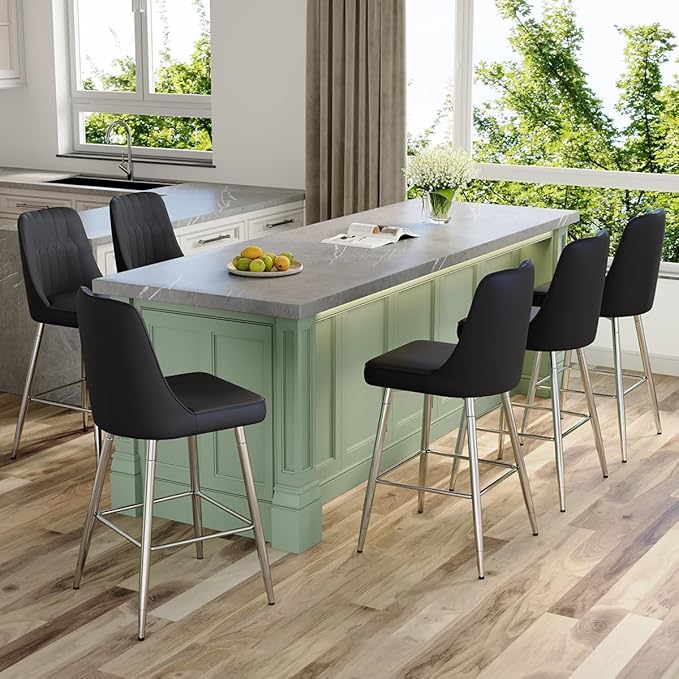 Black Bar Stools Set of 6,27" Counter Height Bar Stools Set of 6,Faux Leather Counter Stools with Soft Padded Seat & Curved Backrest,Modern Kitchen Island Chairs for Dining Café