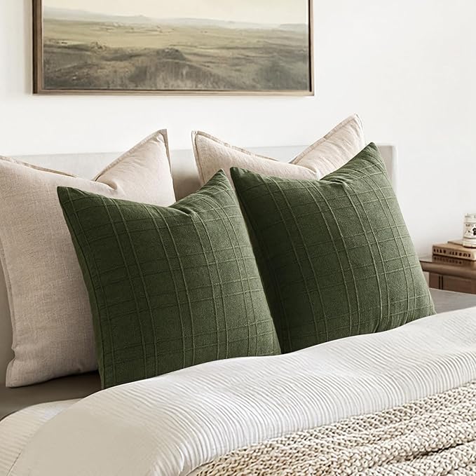 MIULEE Decorative Linen Check Throw Pillow Covers Neutral Farmhouse Vintage Christmas Pillow Covers 18x18 Set of 2 Boho Modern Home Decor for Sofa Couch Bedroom Cushion Dark Olive Green