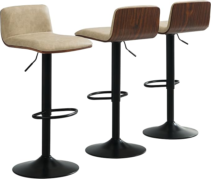 Set of 3 Swivel Bar Stools Adjustable Height, Faux Leather Barstools with Wooden Back and Footrest, Counter Height Bar Height Chairs for Kitchen Island, Dining Room, Beige