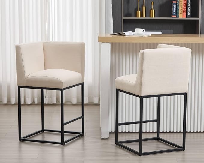 VESCASA 27" Counter Height Bar Stools with Padded Back, Modern Upholstered Counter Stool Chairs with Black Metal Frame for Kitchen Island, Linen Cream, 1 Left Side Seat and 1 Right Side Seat