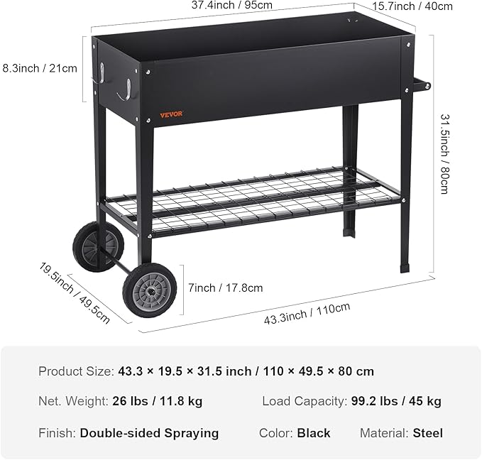 VEVOR Raised Planter Box with Legs and Wheels, Larger Size 43.3x19.5x31.5 Outdoor Elevated Garden Bed On Wheel, Metal Planting Boxes for Growing Flowers/Vegetables/Herbs in Backyard/Garden/Balcony