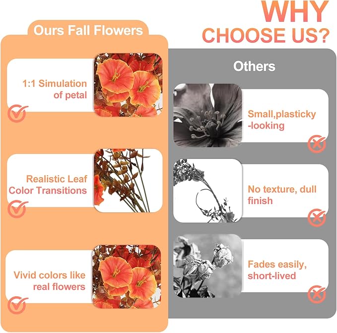 Fall Flowers Artificial for Decoration, 4Pcs Fake Hanging Flowers Morning Glory UV & Fading Resistant, Artificial Faux Plants Deocr for Home Patio Yard Garden Farmhouse Fall Decor Halloween