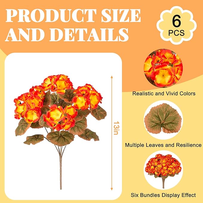 Fake Fall Flowers Artificial for Outdoors Decoration, 6 Bundles Faux Geranium Silk Flower Outside UV Resistant No Fade Artificial Floral for Home Garden Balcony Indoor Table Centerpieces Decor