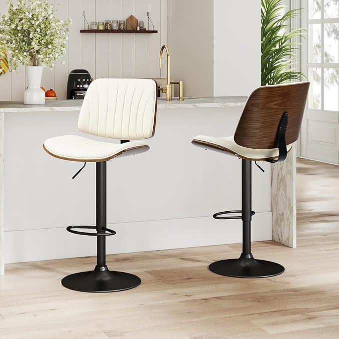 ECOTOUGE Bar Stools Set of 4, Adjustable Bar Stools for Kitchen Island with Back and Leather Seat, Swivel Barstools for Kitchen Counter, Bar Dining Chairs, Ivory White/Beige